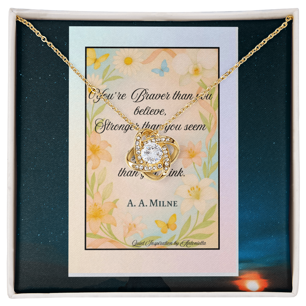 Inspirational Love Knot Necklace Gift for Women – “Braver Stronger Smarter” Encouragement Jewelry, Motivational Quote Necklace, Self Love Gift, Meaningful Support Pendant