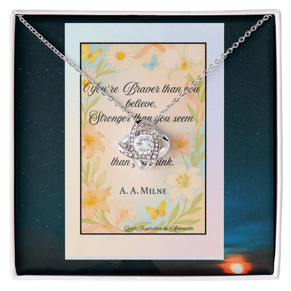 Inspirational Love Knot Necklace Gift for Women – “Braver Stronger Smarter” Encouragement Jewelry, Motivational Quote Necklace, Self Love Gift, Meaningful Support Pendant