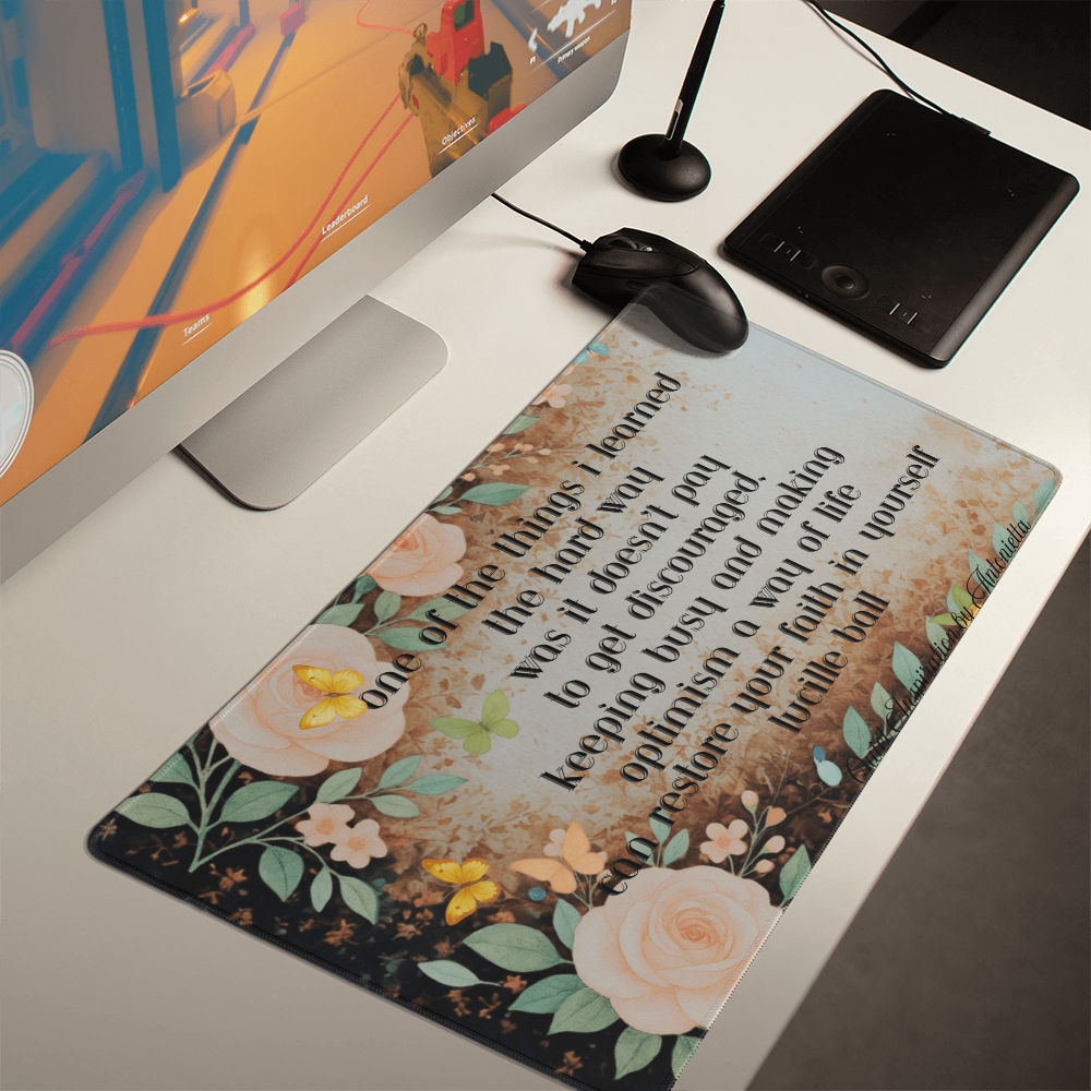 “It Doesn't Pay to Get Discouraged” Inspirational Desk Mat – Lucille Ball Motivational Quote Workspace Desk Pad
