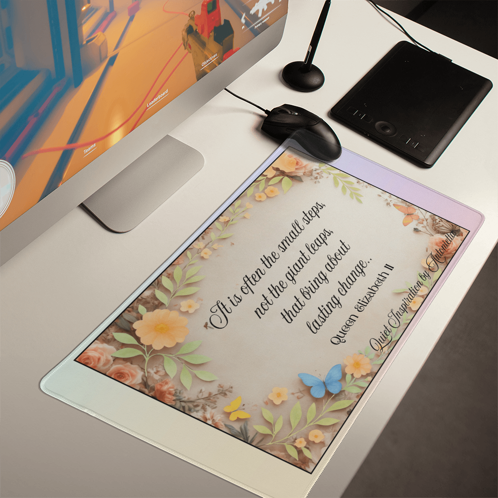 “Small Steps Bring Lasting Change” Inspirational Desk Mat – Queen Elizabeth II Motivational Quote Workspace Desk Pad