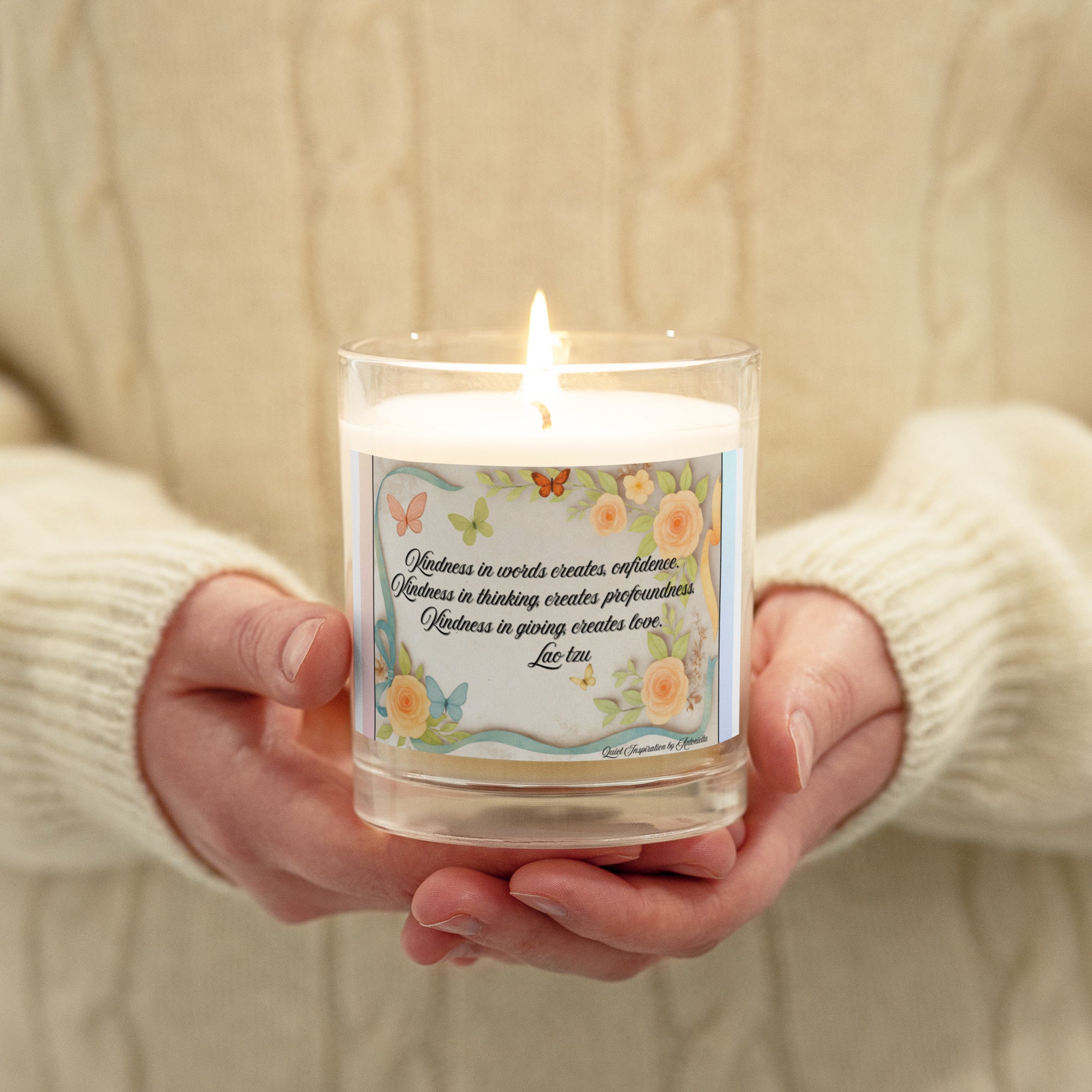Lao Tzu, “ Kindness in words…”Glass jar soy wax candle