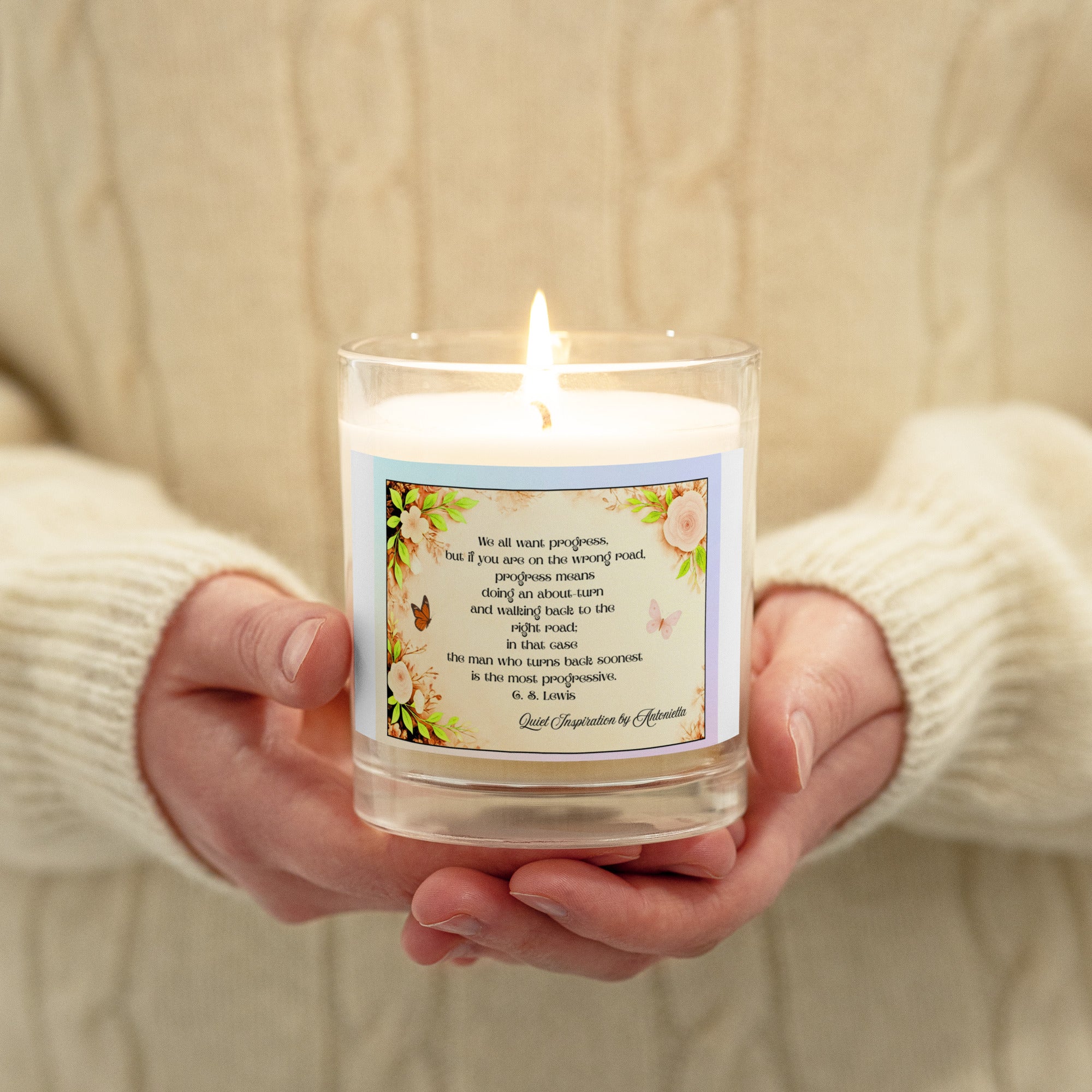C. S. Lewis, “ We all want progress…” Glass jar soy wax candle