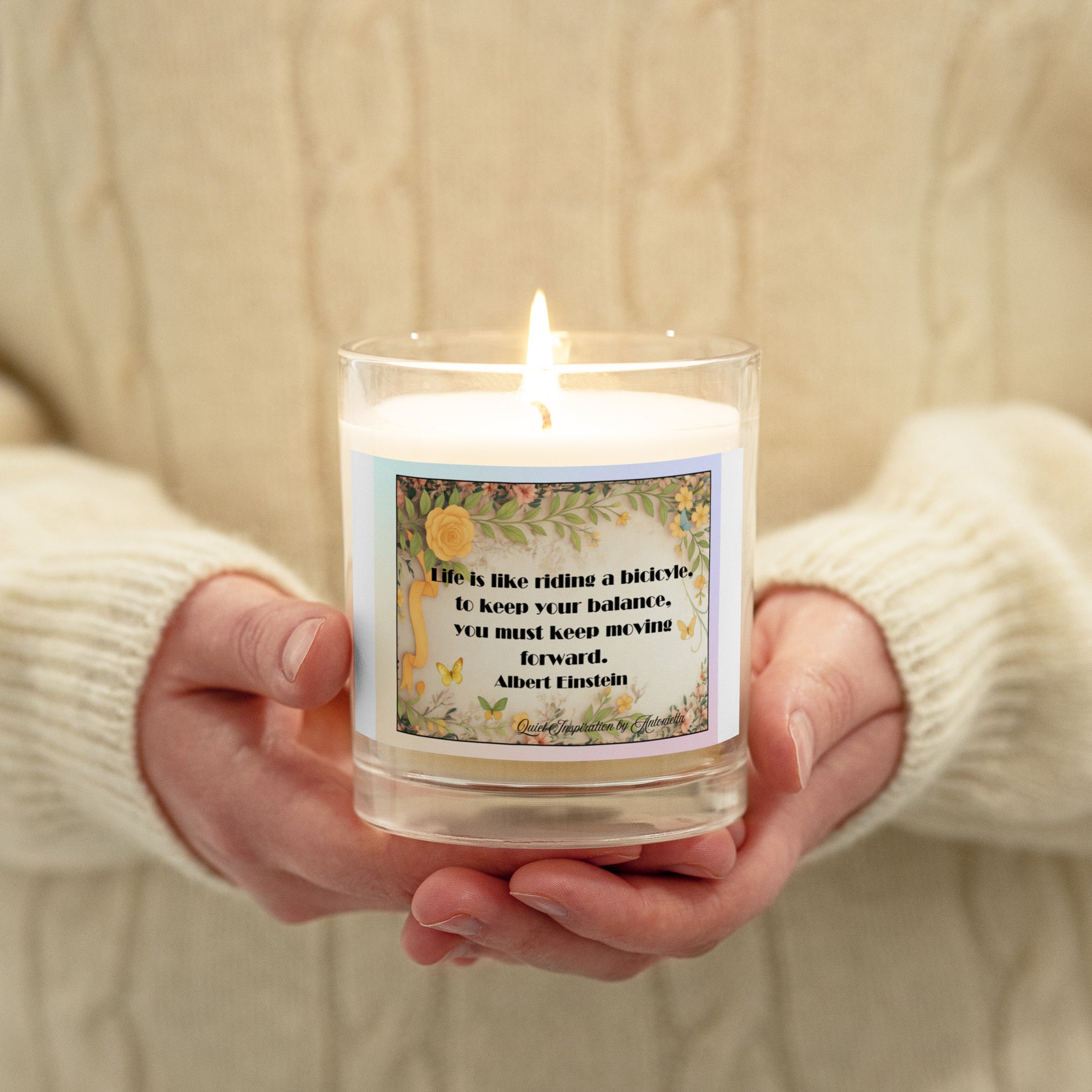 Albert Einstein, Life is like riding a bicycle…’ Glass jar soy wax candle