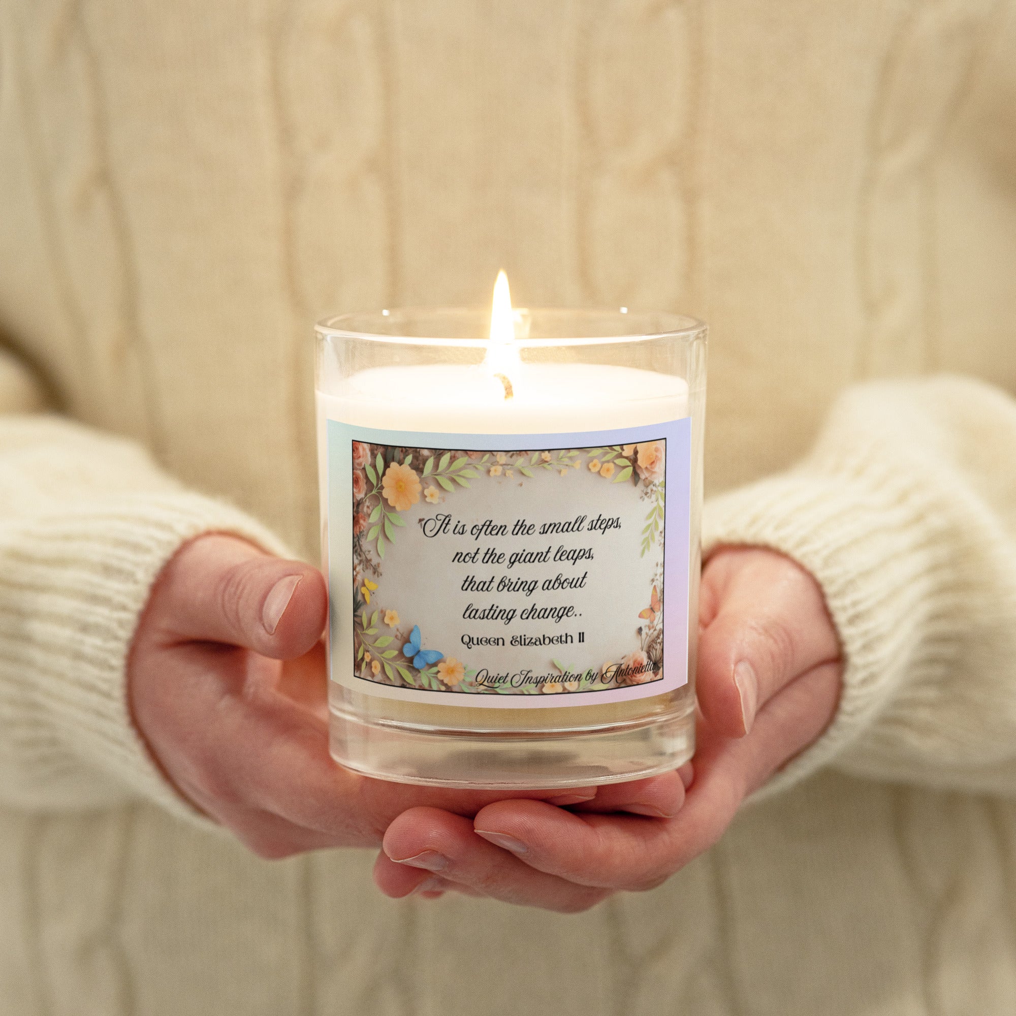 Queen Elizabeth II, “ It is often the small steps…”Glass jar soy wax candle