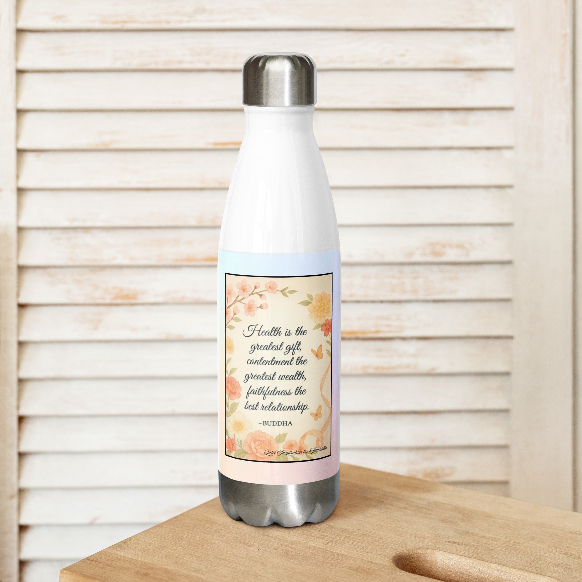 Buddha “ Health the greatest…”Stainless steel water bottle